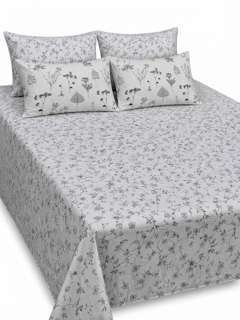 5-Piece Export Quality Pure Cotton King Size Bedsheet Set – Grey Floral Vine Pattern