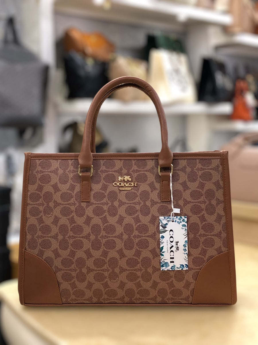 Coach Signature Print Tote Bag for Women with Double Top Handles and Spacious Everyday Carry Design - Beige