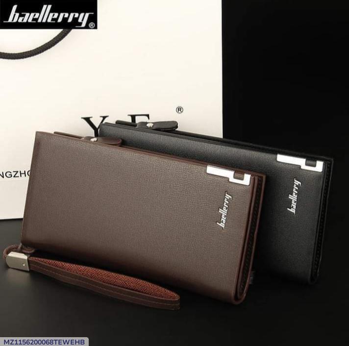 Baellerry Men's Long PU Leather Wallet Clutch with Wristlet Strap - Black