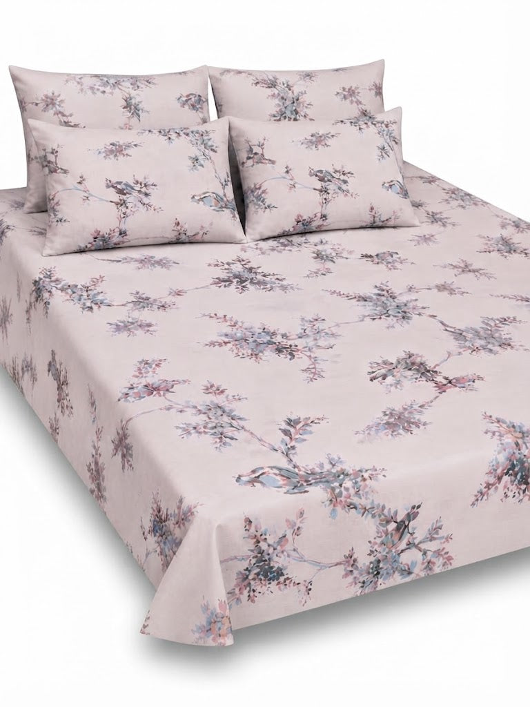 5-Piece Export Quality Pure Cotton King Size Bedsheet Set – Pastel Floral Branch Pattern