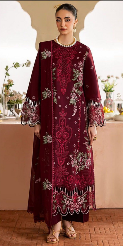Laam Designer Deep Maroon Heavy Embroidered Dhanak 3-Piece Winter Suit – Sequins Sleeves & Embroidered Shawl
