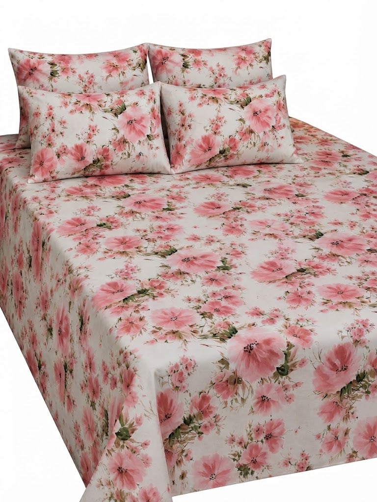 5-Piece Export Quality Pink Floral Printed 100% Pure Cotton King Size Bedsheet Set – Flat Sheet & 4 Pillow Covers