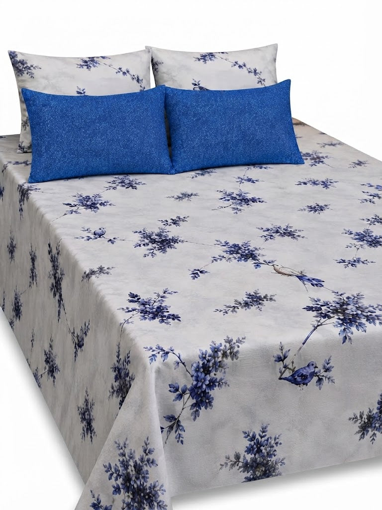 5-Piece Export Quality Pure Cotton King Size Bedsheet Set – Royal Blue Floral & Bird Pattern