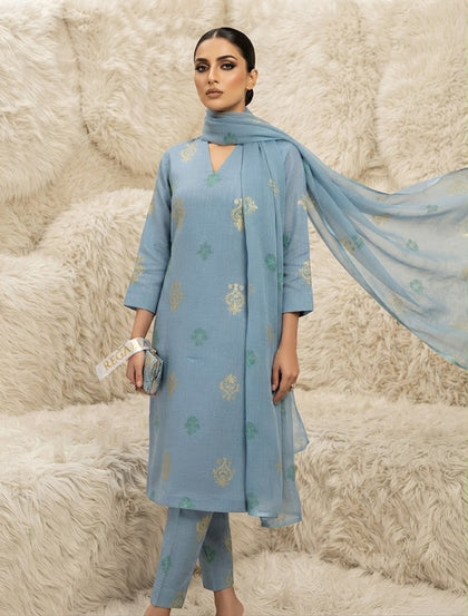 Regalia Premium 3-Piece Dusty Blue Textured Suit with Gold & Teal Block Print