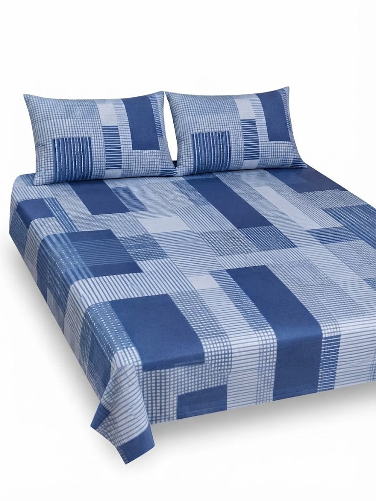 5-Piece Export Quality Pure Cotton King Size Bedsheet Set – Blue Geometric Block Pattern