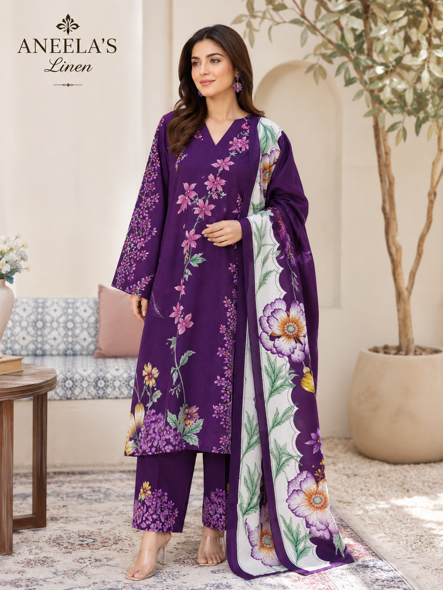 Purple Floral Printed 3-Piece Linen Suit