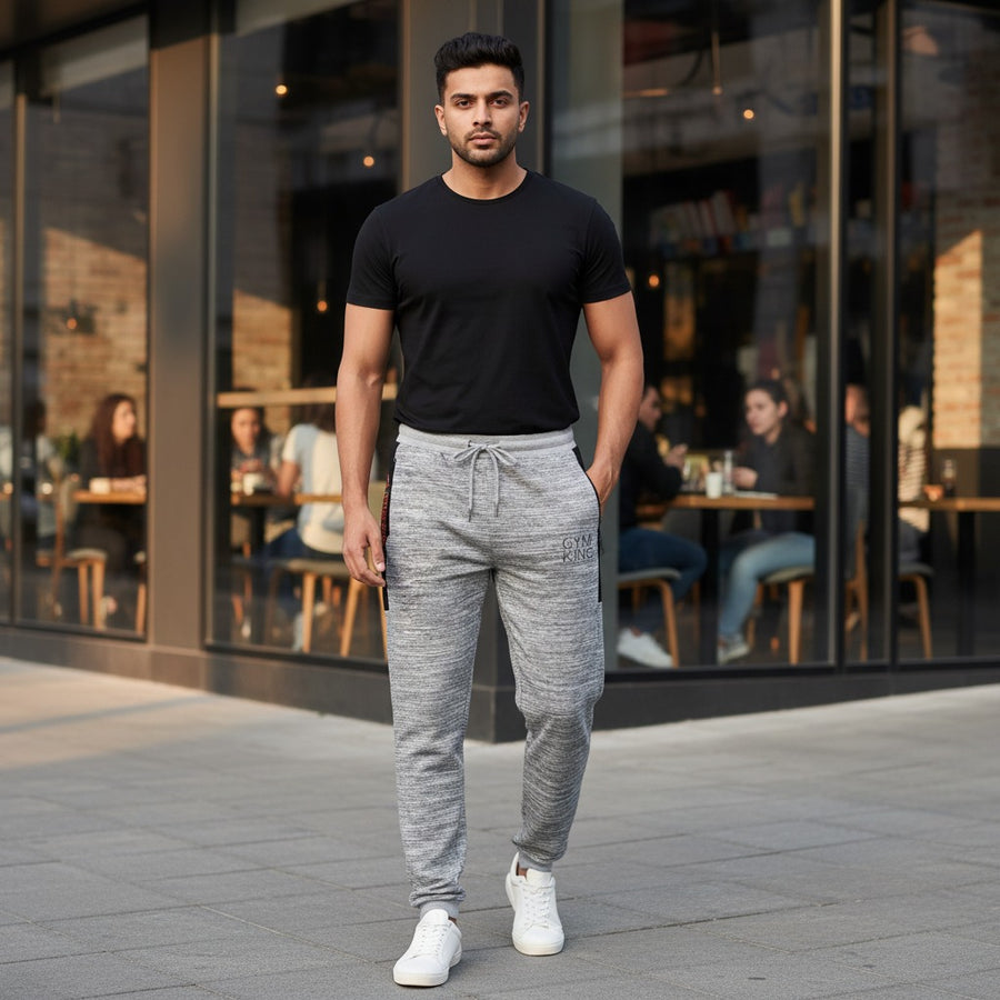GYM KING Men’s Jogger Trousers | Premium French Terry Fabric | Stylish Grey Melange Slim-Fit Sweatpants for Gym, Sports & Casual Wear