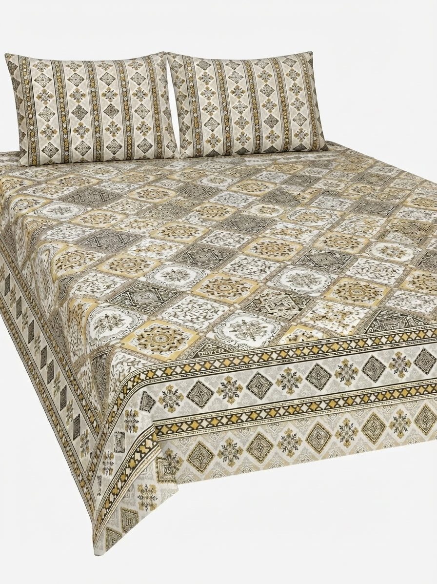 Nishat Style 3-Piece King Size Gold & Beige Patchwork Pure Cotton Bedsheet Set