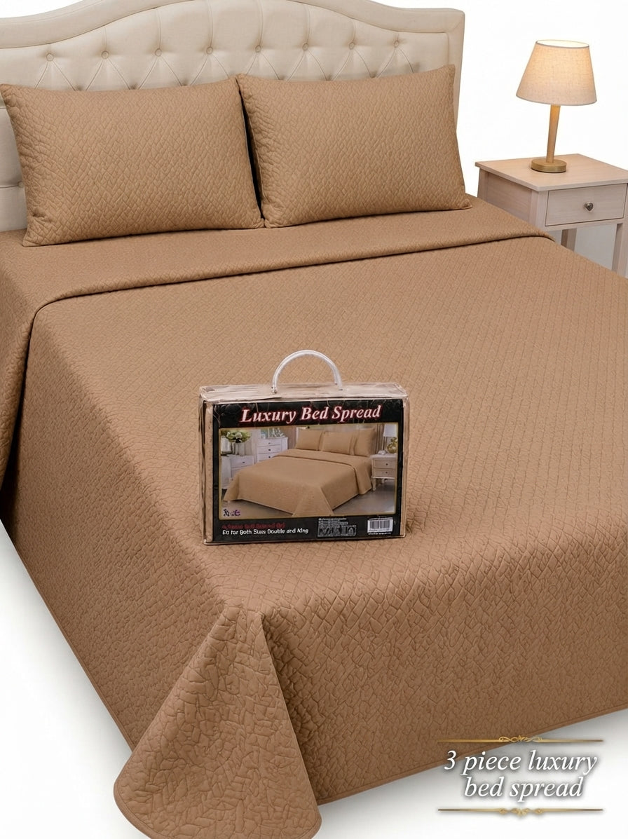 Luxury Plain Micro Cotton King Size Quilted Bedspread Set - 3 Pieces (Beige / Camel)