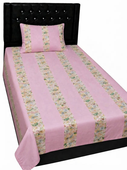 Export Quality Single Pink Floral Patchwork Cotton Bedsheet with Pillow Cover (60 x 90 Inches)