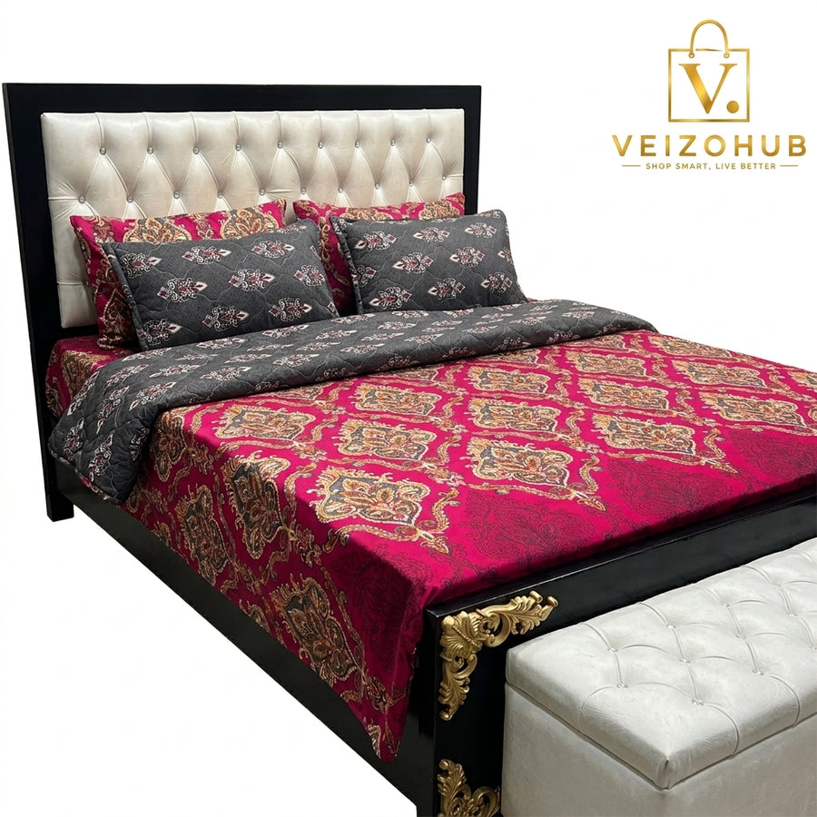 Charcoal & Pink Printed 7Pc Comforter Set