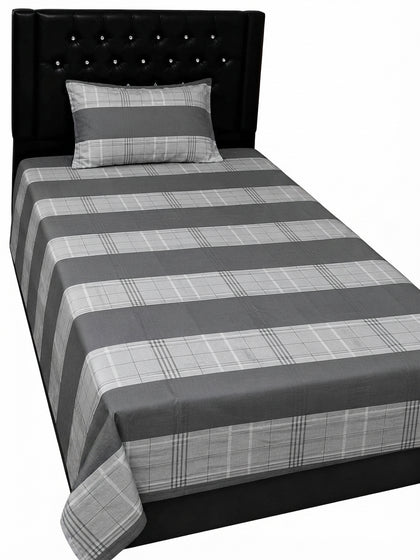 Export Quality Single Patchwork Cotton Bedsheet with 1 Pillow Cover – Grey Striped Design