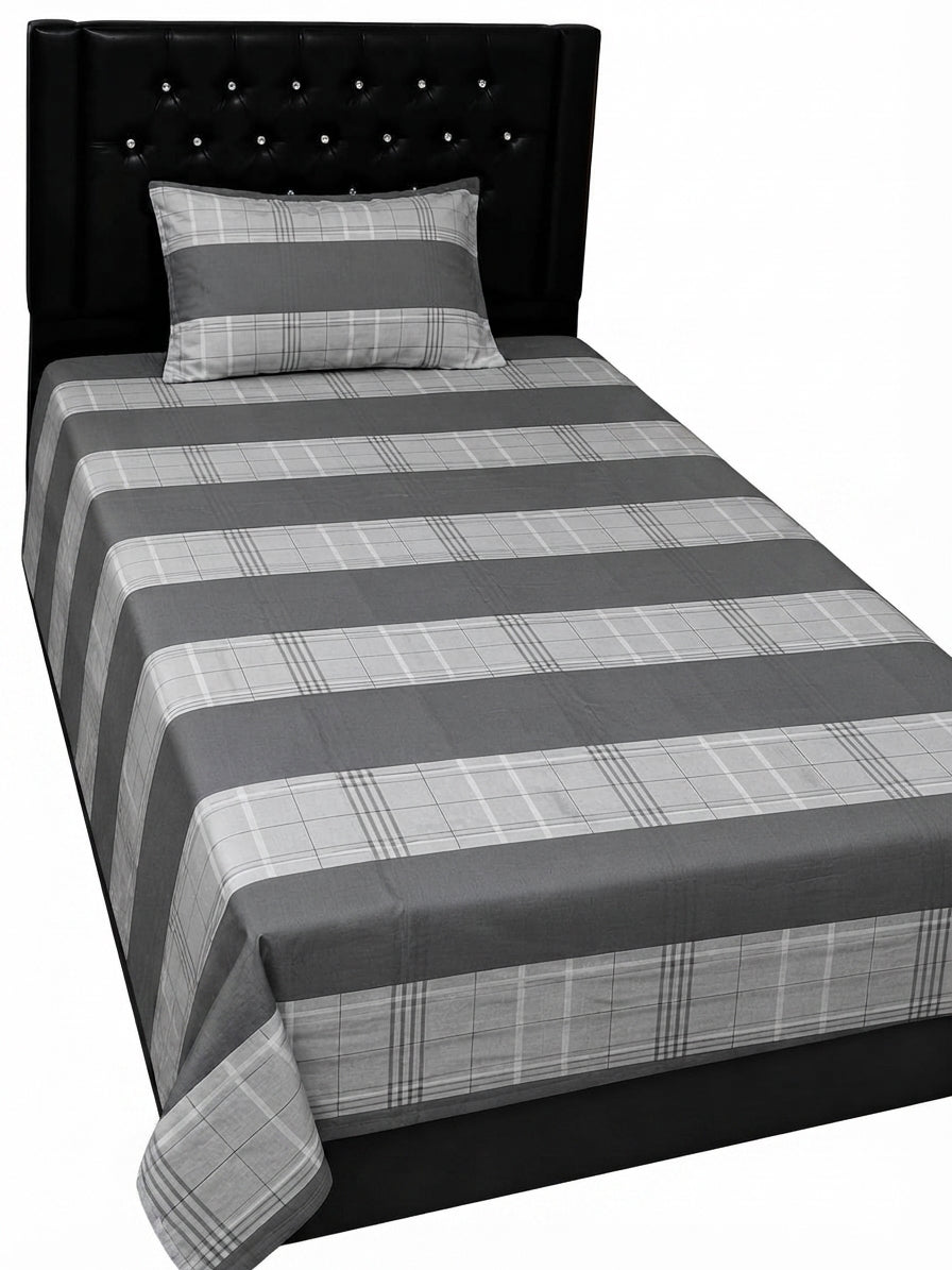 Export Quality Single Patchwork Cotton Bedsheet with 1 Pillow Cover – Grey Striped Design