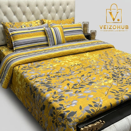Yellow & Grey Printed 7Pc Comforter Set
