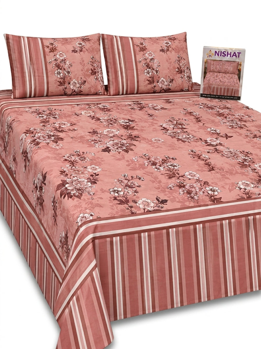Nishat 100% Pure Soft Cotton 3-Piece Dusty Rose Floral King Size Bedsheet Set