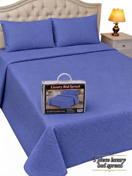Luxury Plain Micro Cotton King Size Bedspread Set – 3-Piece Ultrasonic Quilted Comforter with Pillow Covers (Blue)