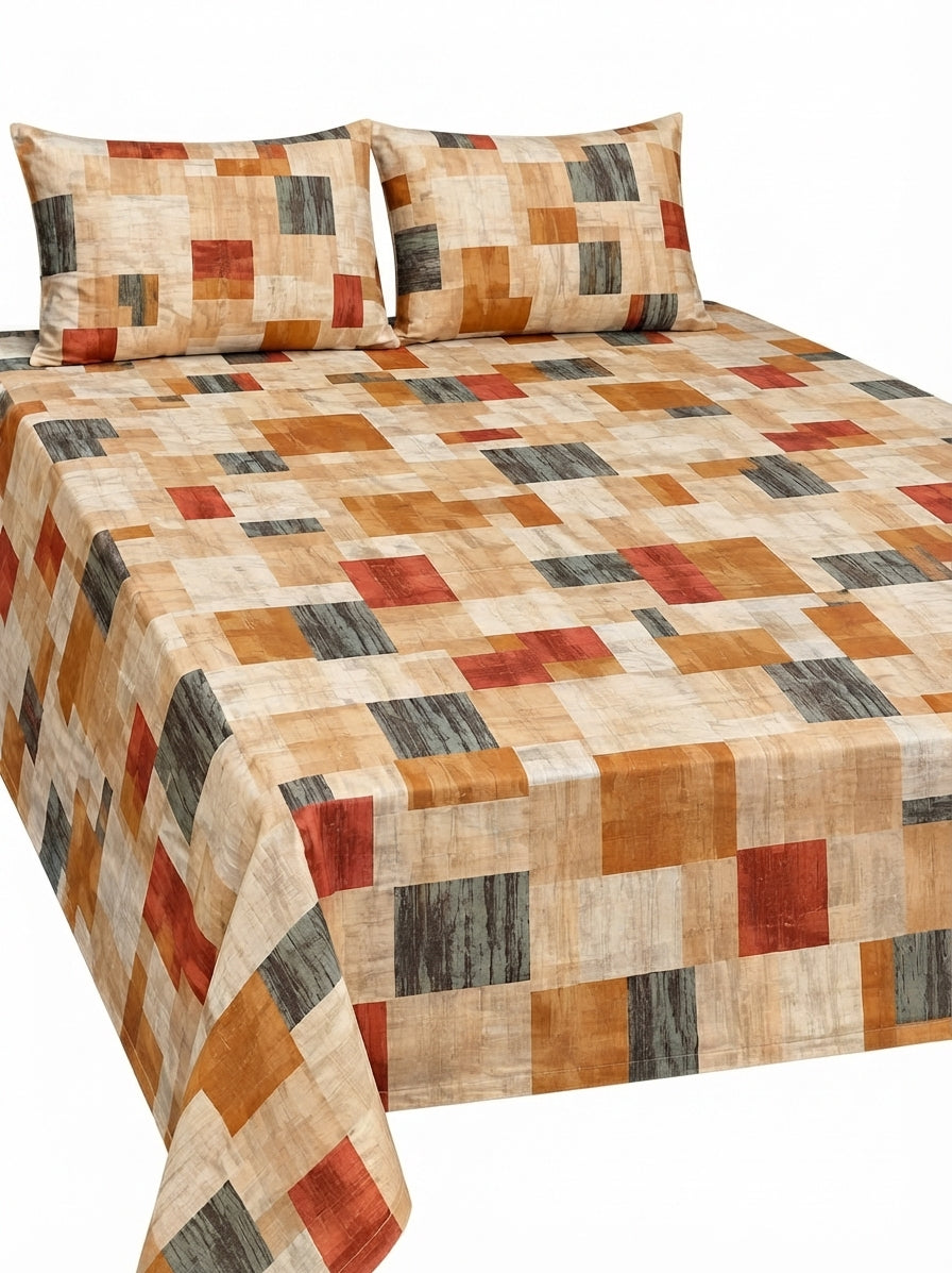 Gul Ahmed Style 3-Piece King Size Modern Block Print Pure Cotton Bedsheet Set