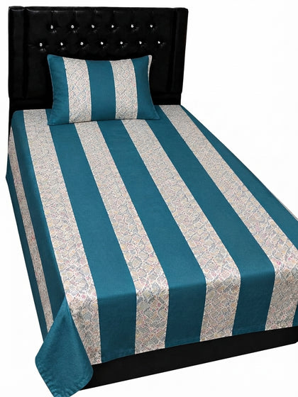 Export Quality Single Teal Blue Patchwork Cotton Bedsheet with Matching Pillow Cover (60 x 90 Inches)