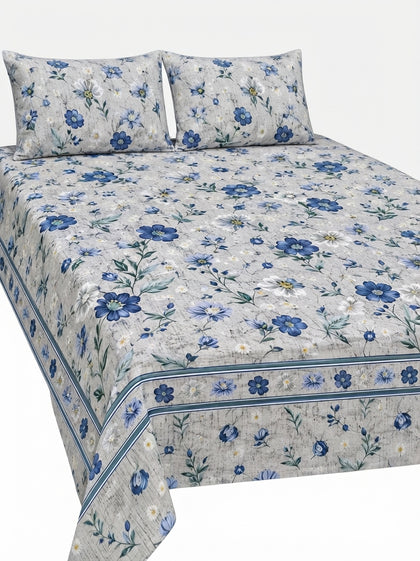 Nishat Style 3-Piece King Size Blue Floral Pure Cotton Bedsheet Set
