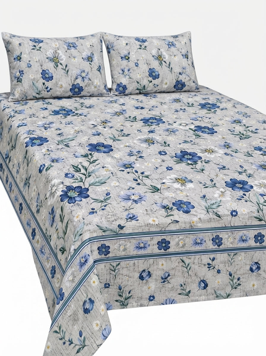 Nishat Style 3-Piece King Size Blue Floral Pure Cotton Bedsheet Set
