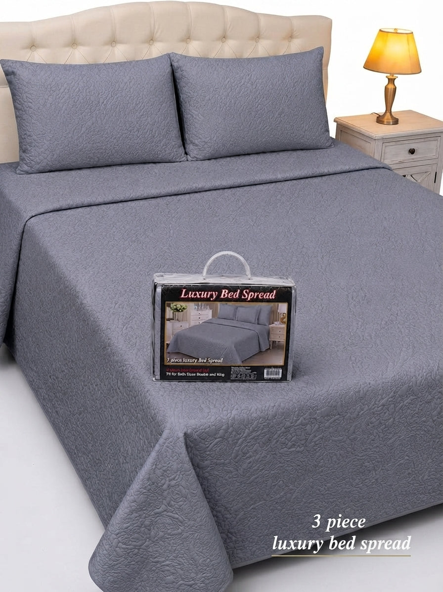 Luxury Plain Micro Cotton King Size Quilted Bedspread Set - 3 Pieces (Steel Grey / Slate)
