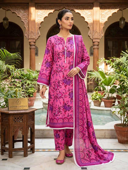 Pink Floral 3-Piece Unstitched Suit