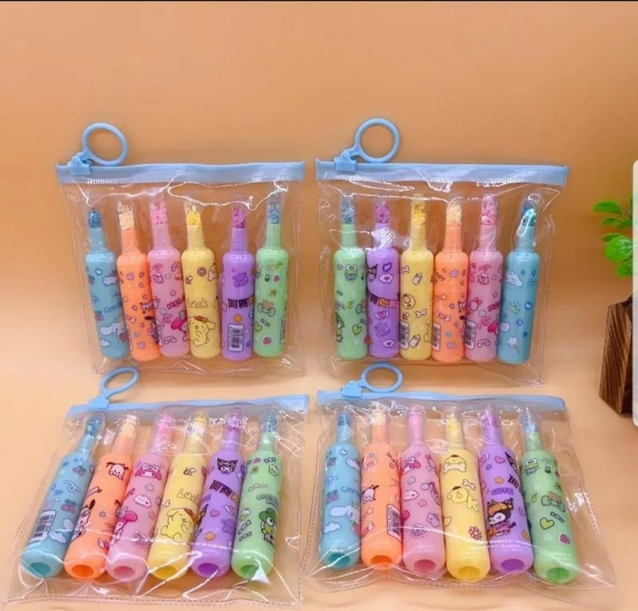 Pack of 6 Bottle Shaped Kromi Character Highlighters for Girls and Boys – Cute Stationery Set