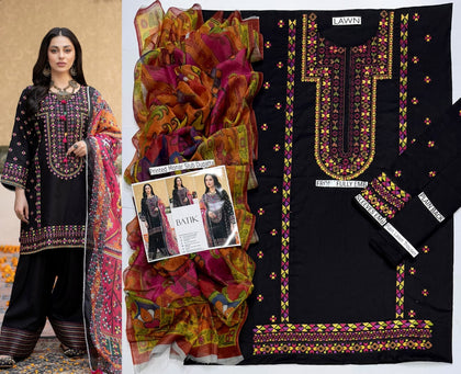 Premium Embroidered Lawn 3-Piece Suit – Black & Burgundy