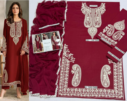 Premium Embroidered Lawn 3-Piece Suit – Maroon & White