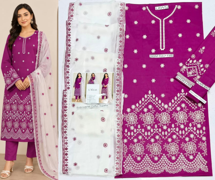 Premium Embroidered Lawn 3-Piece Suit – Magenta Pink