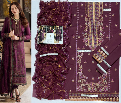 Premium Embroidered Lawn 3-Piece Suit – Deep Maroon