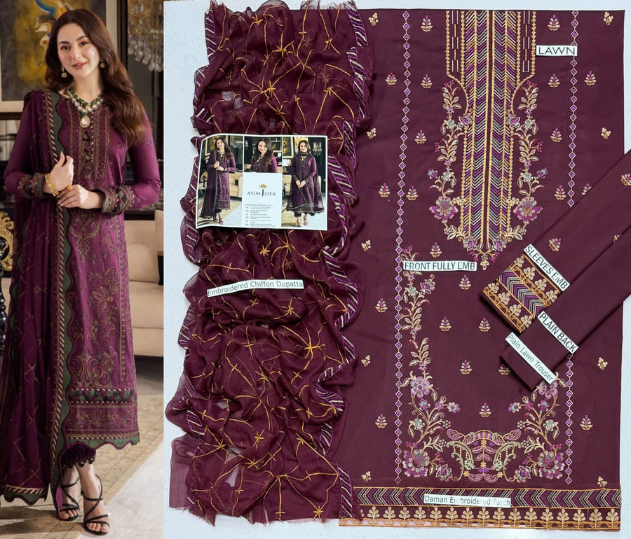 Premium Embroidered Lawn 3-Piece Suit – Deep Maroon