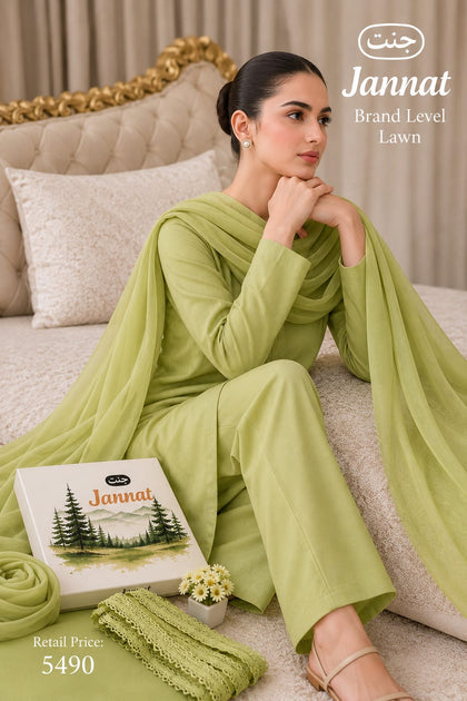 JANNAT Brand Pistachio Green 3PC Lawn Suit – Premium Branded Collection