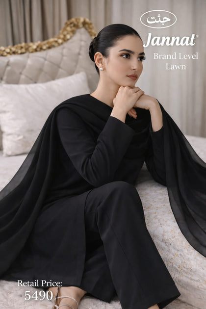 JANNAT Brand Black 3PC Lawn Suit – Premium Branded Collection