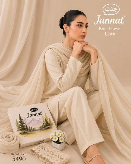 JANNAT Brand Beige Cream 3PC Lawn Suit – Premium Branded Collection