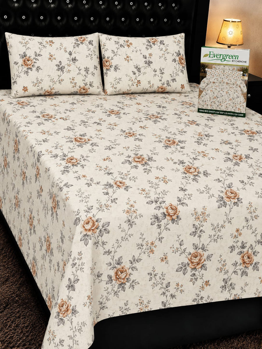 Beige Floral Pure Cotton Bedsheet Set