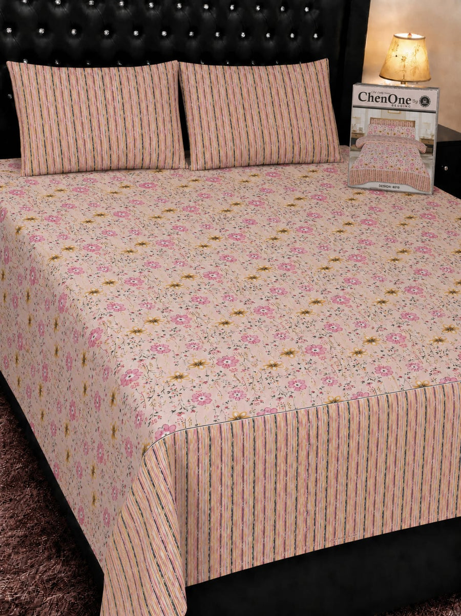 Pink Floral Stripe Pure Cotton Bedsheet Set