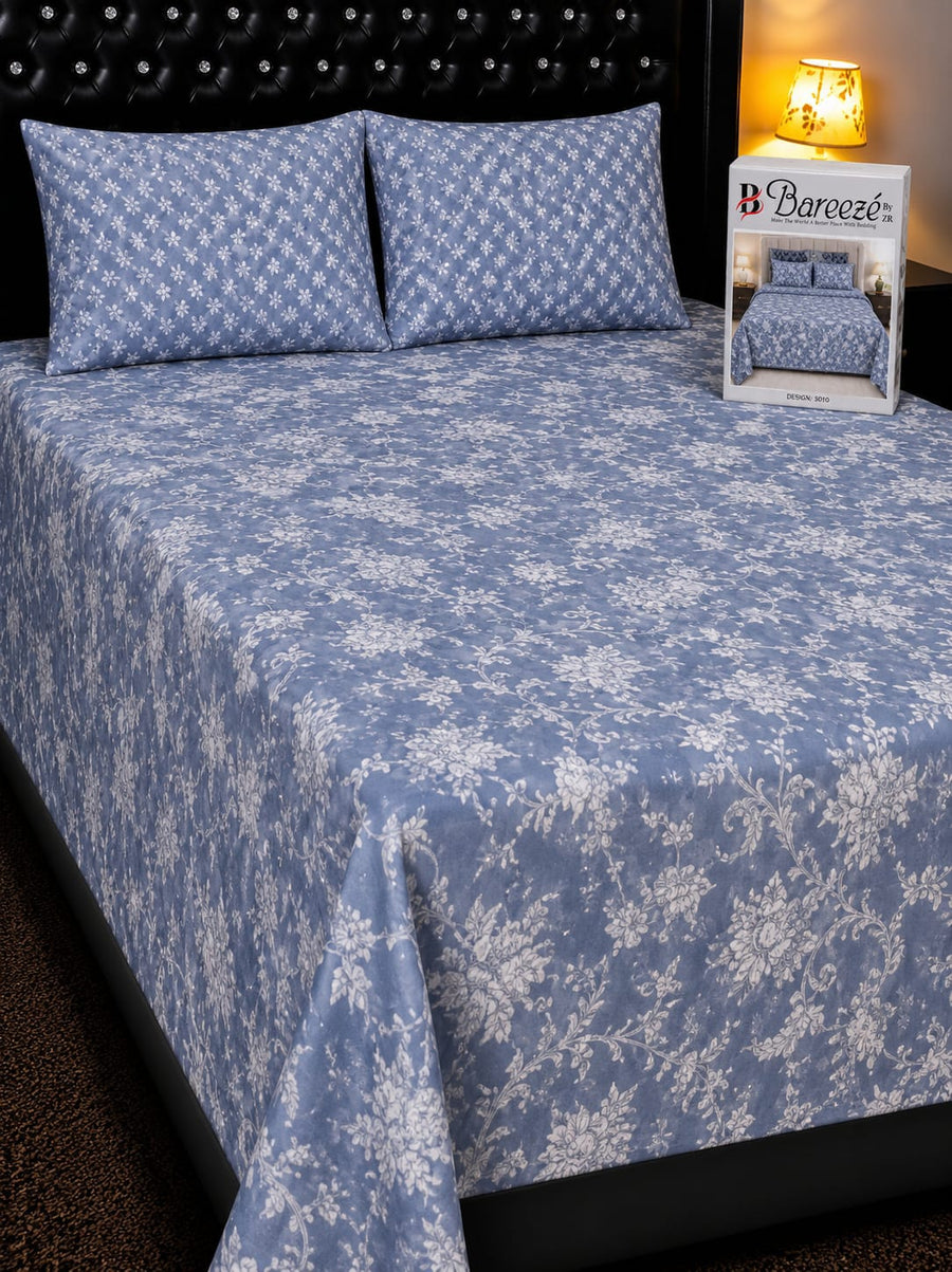 Blue Floral Printed Pure Cotton Bedsheet Set