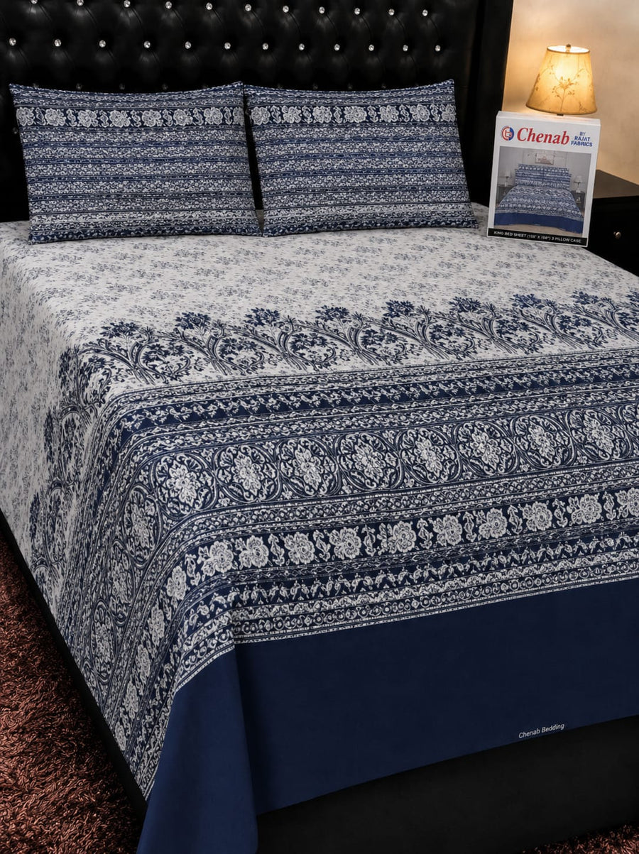 Navy Blue Decorative Pure Cotton Bedsheet Set