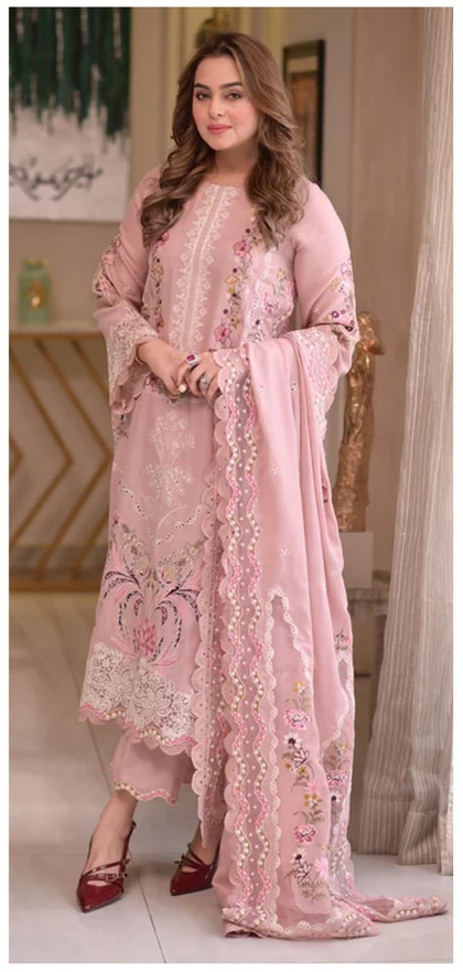 Elegant Blush Pink 3-Piece Embroidered Suit with Lace Dupatta
