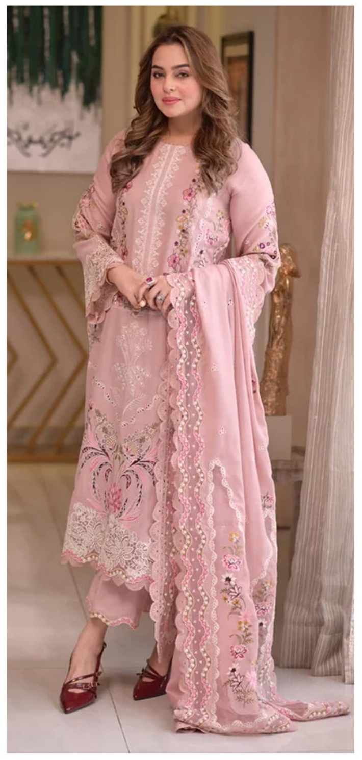Elegant Blush Pink 3-Piece Embroidered Suit with Lace Dupatta