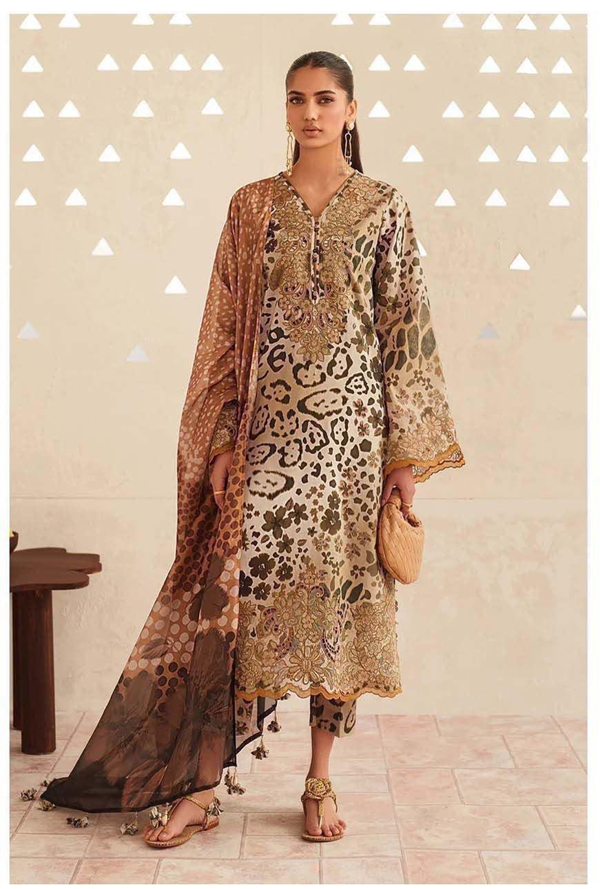 Golden Beige Printed Dhanak 3-Piece Suit