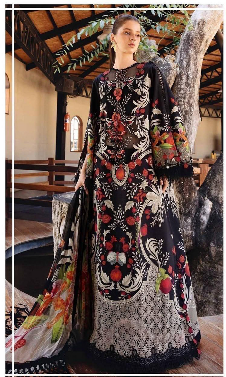 Black Floral Embroidered Anarkali Suit with Printed Dupatta