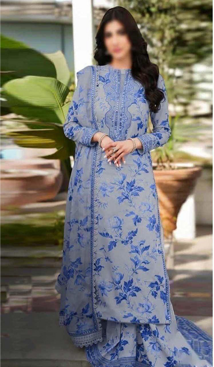 Blue Floral Heavy Embroidered Dhanak 3-Piece Suit