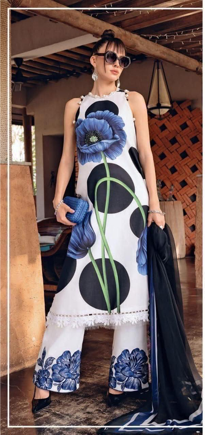 White & Blue Floral Printed 3-Piece Suit with Dupatta
