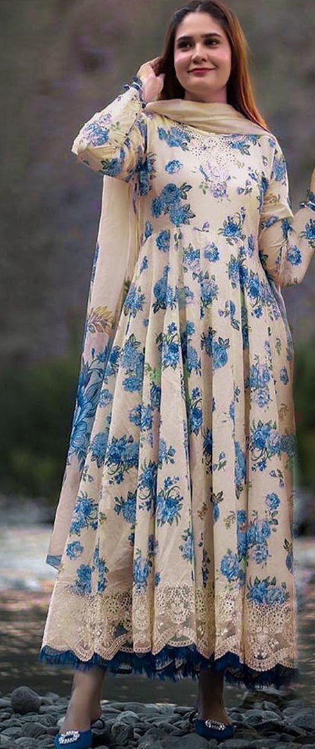Elegant Cream & Blue Floral Printed 3-Piece Suit