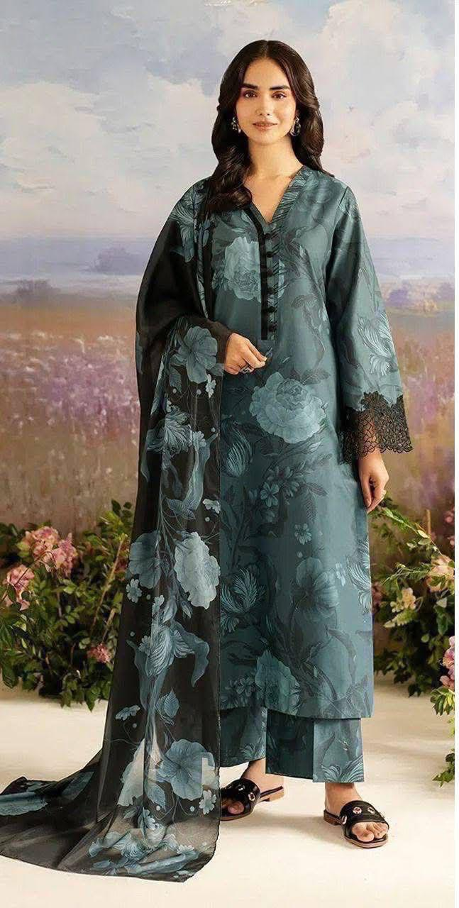 Elegant Teal Floral Printed 3-Piece Suit