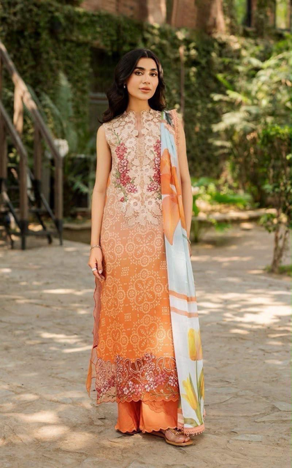 Peach Orange Embroidered Lawn Suit with Floral Dupatta