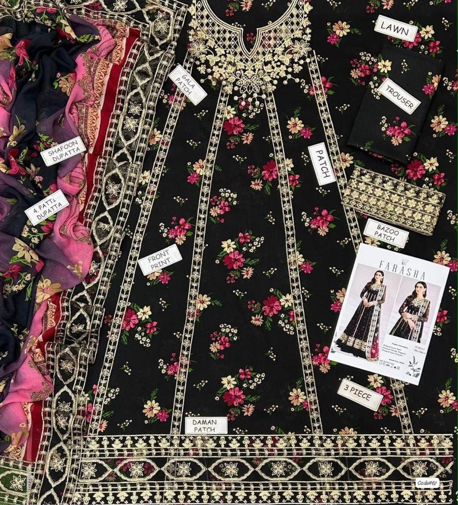 Black Floral Embroidered Maxi Dress with Burgundy Dupatta