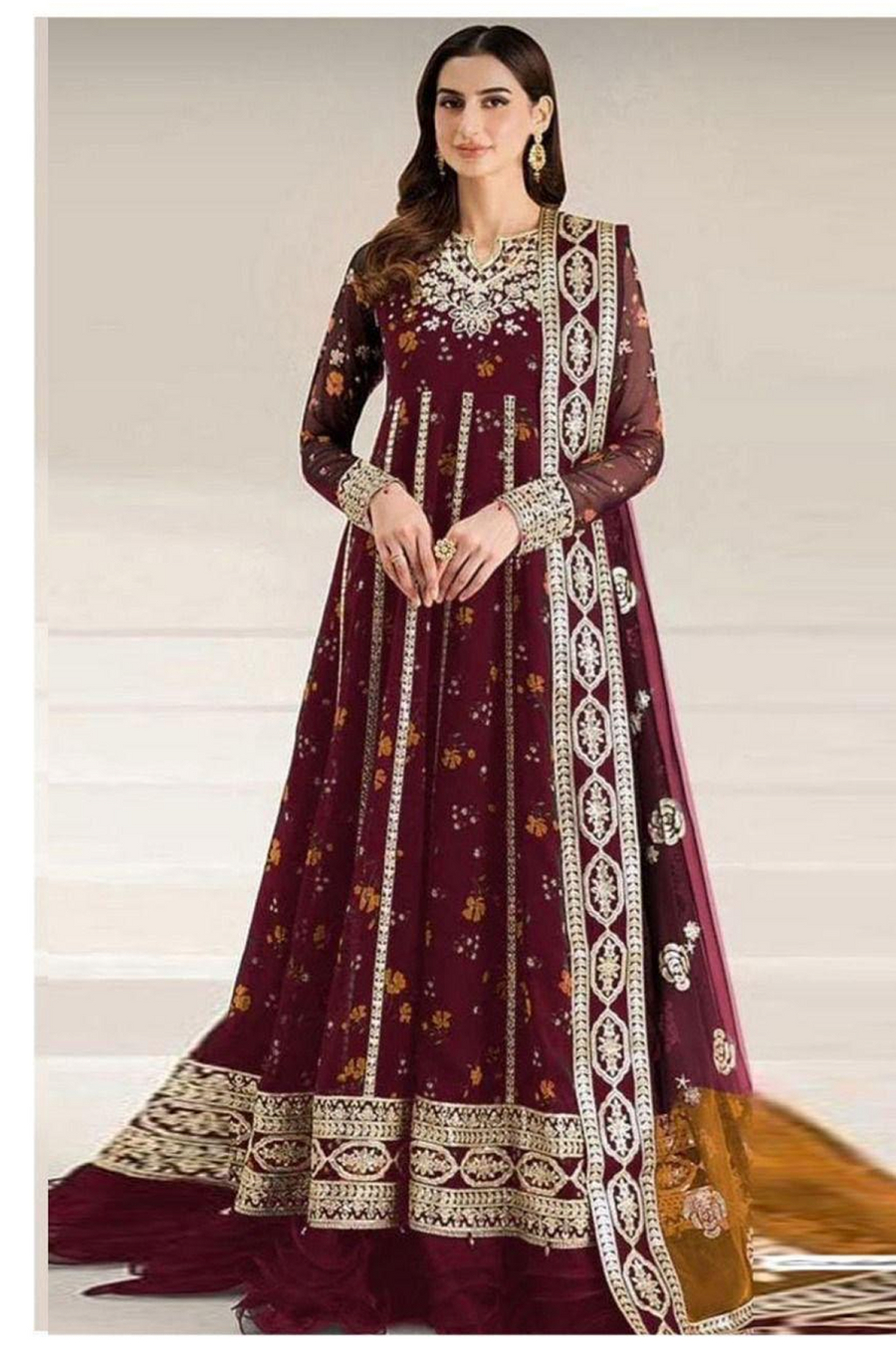 Black Floral Embroidered Maxi Dress with Burgundy Dupatta